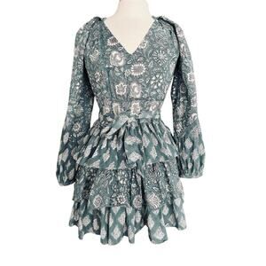 NEW Marea Cotton Cala Azul Grace Ruffle Flounce Long Sleeve Mini Dress Size XS